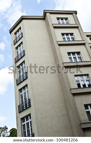 A tall city building located in the capital of Prague, Czech Republic.