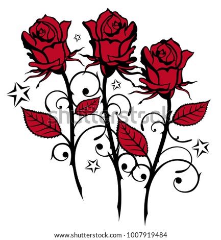 Beautiful red roses in tattoo style with stars.