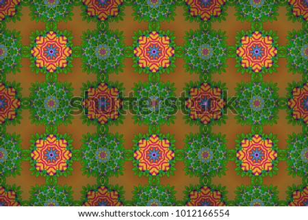 Colored elements. Abstract raster decorative ethnic mandala sketchy seamless pattern. Green, yellow and brown colors.