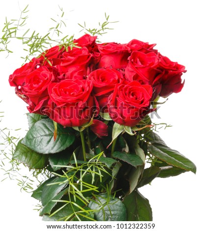 Luxury bouquet made of red roses in flower shop Valentines Bouquet of red roses isoleted on white. Birthday, Mother's, Valentines, Women's, Wedding Day concept