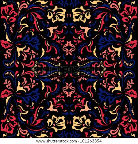 Seamless color pattern with  floral motifs on a black background