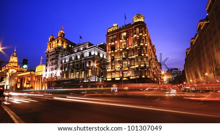 Night view of ancient century European-style buildings on the Bund in Shanghai China