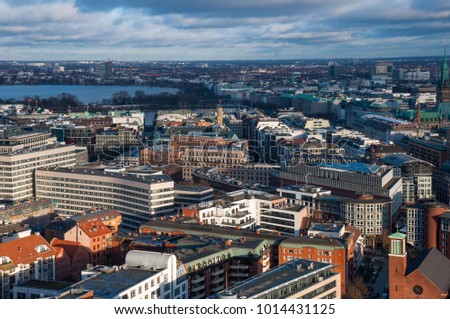 Aerial view over city of Hamburg in Germany from St. Michel Church on a sunny day