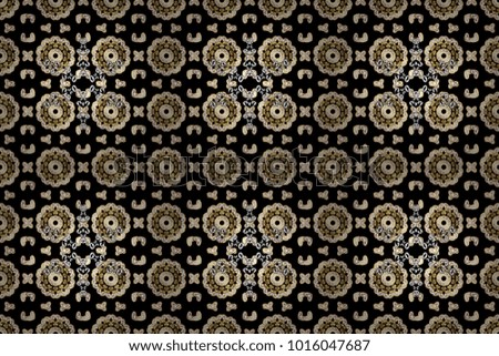 Seamless pattern on black colors with golden elements and white doodles. Seamless classic raster golden pattern. Classic vintage background. Traditional orient ornament.