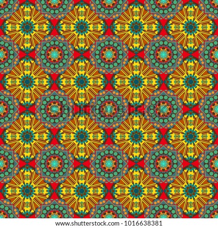 Geometric polygonal design. Multicolor vector sketch. Abstract Mandalas background. Futuristic seamless pattern in brown, blue and yellow colors.
