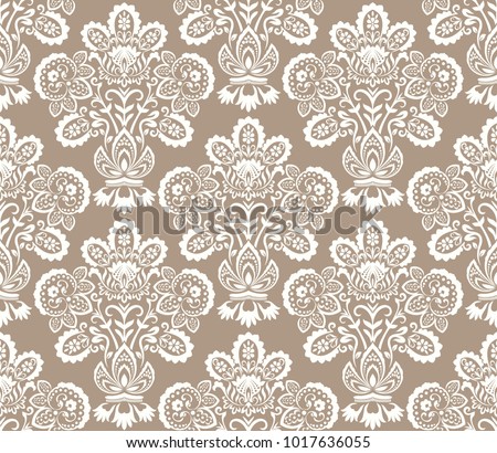 Seamless beige and white floral wallpaper vector background. Vintage damask pattern backdrop.