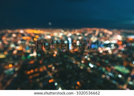Aerial blurred view of Downtown Los Angeles at night