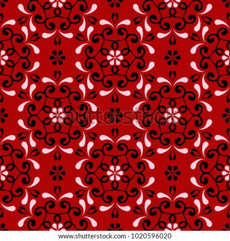 Floral seamless pattern. Black and white design on red background,  for wallpapers and textile