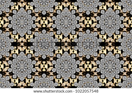 Raster illustration. Damask seamless pattern for design. Raster seamless pattern on black colors with golden elements and with white doodles.