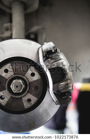 Close up shot of car brake disc. Automobile mechanic related concept.