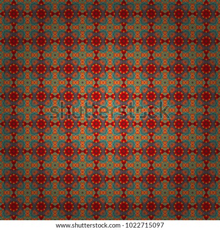 Vector seamless geometric pattern of blue, orange and pink tiles.