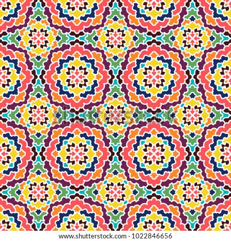 Vector Abstract Seamless Pattern. Vintage Color Geometric East Ornament Pattern. Islamic, Arabic, Indian, Bohemian, Gypsy, Persian, Ottoman Motifs, Kaleidoscope. Ethnic decorative element. Boho Style.