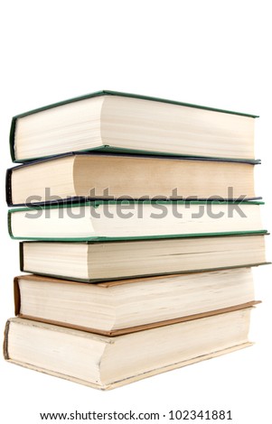 stack of old books textbooks closeup isolated on white background