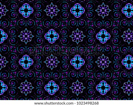 A hand drawing pattern made of blue pink fuchsia and purple on a black background.