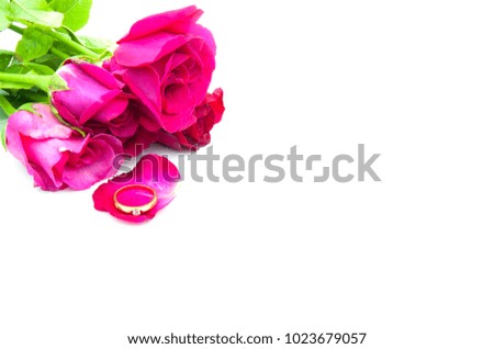 A bouquet of red roses , diamond ring. As a gift for Valentine's Day . Isolated on a white background