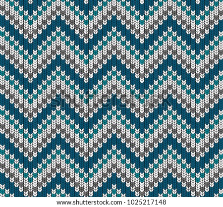 Seamless background with imitation of a knitted sweater. Simple geometric pattern in winter theme. Sample and template of knitted article. Vector illustration. Zigzag shapes. Blue threads.