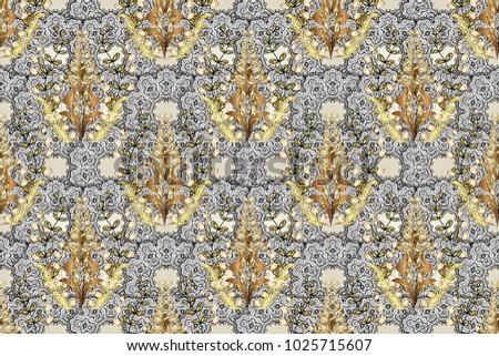 Raster golden pattern. Seamless golden textured curls. Oriental style arabesques. Golden pattern on white, black and neutral colors with with white doodles.