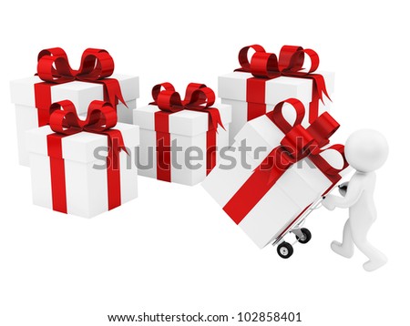 render of a man with a hand truck and many gift boxes , isolated on white