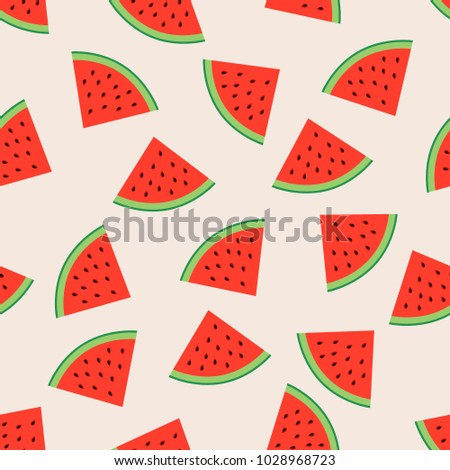Seamless pattern with juicy pieces of ripe and sweet watermelon. This fruit design for your business projects. Ideal for fabrics and decor. Beautiful vector background.