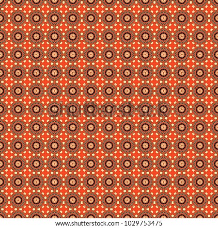 Seamless pattern with Mandalas in damask style. Orange, green and beige filigree ornament. Elegant template for wallpaper, wrapping, textile, shawl, carpet.