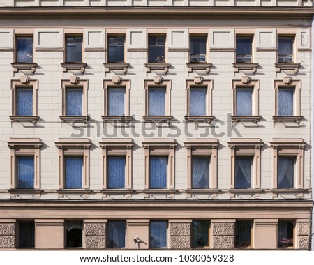 Vintage architecture classical facade. Front view close up.