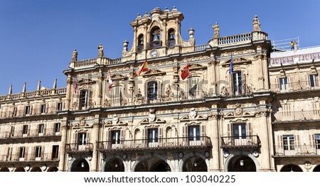 Salamanca City Hall is part of the Plaza Mayor built in Spanish baroque style between 1729 and 1755
