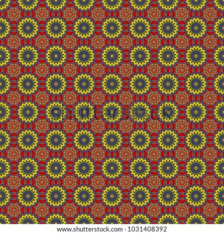 Seamless impressive Mandalas pattern. Modern urban dazzle paint. Fabric, wallpaper, cloth and textile design. Abstract blue, yellow and red psychedelic print. Eco-styled background.