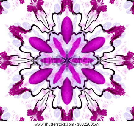 Abstract colored symmetrical pattern with curved lines on white background. Six directed fantasy ornament with curved lines in purple, blue and other hues on a white background.