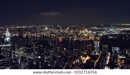 New York City skyline aerial panorama view at night