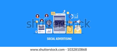 Social advertising, social media promotion, mobile content marketing flat vector banner with icons