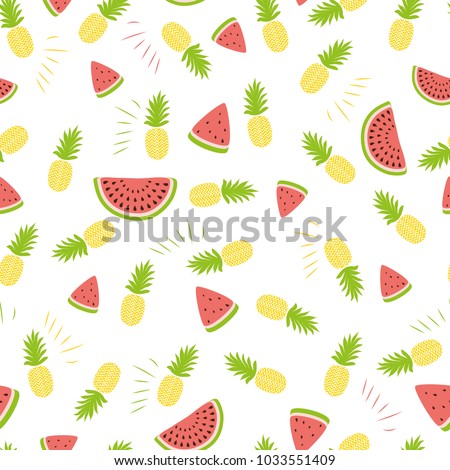 Pineapple watermelon simple vector seamless background in fresh fruit summer colors. Textile fabric ananas, melons in yellow and bright red Cute geometric summer vacation pattern design wallpaper wrap