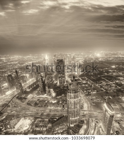Downtown Dubai aerial view as seen at sunset.