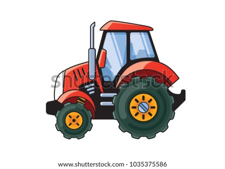 Red Tractor Side View Coloring Book. Colored illustration.