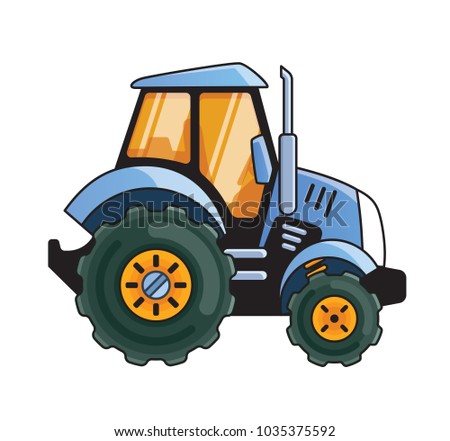 Blue Tractor Side View Coloring Book. Colored illustration.