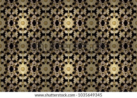 Ornamental floral elements with henna tattoo, golden stickers, mehndi and yoga design, cards and prints. Pattern on black and yellow colors. Raster golden mehndi seamless pattern.