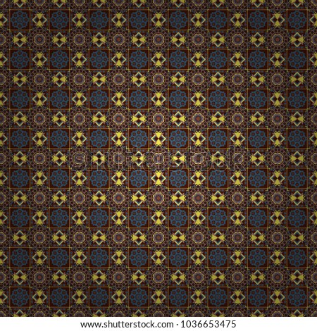 Oriental tiles, vector seamless islamic pattern with pretty oriental curves and mandalas details. Symmetrical tile design in yellow, brown and blue colors.