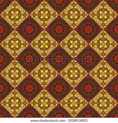 Vector abstract colorful painted kaleidoscopic graphic background. Seamless background pattern. Folk ethnic floral ornamental mandala in brown, orange and red colors.