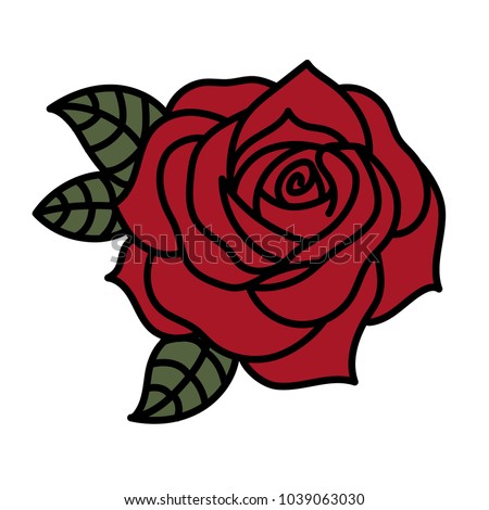 Red Rose Tattoo Style Line Graphic Vector Illustration with Green Leaves Isolated