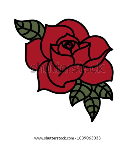 Tattoo Style Red Rose Vector Graphic Illustration With Leaves