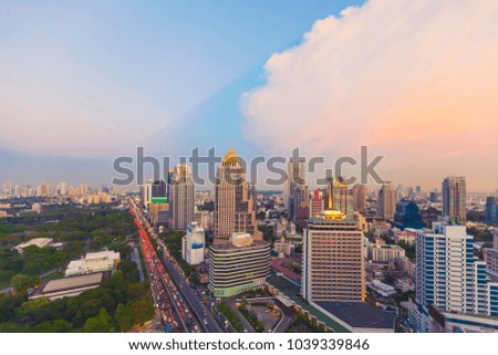 Beautiful scene of Bangkok city with Lumpini park at sunset. Asia travel landmark.