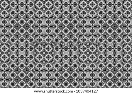 Vintage Abstract Ornament with Tiles and Rhombus in white, gray and black Colors. Raster Bright Zentangle. Orient seamless pattern. Colorful Pattern for Wallpaper, Textile, Linen, Curtains.
