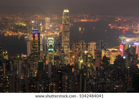 Night Lights Landscape of Hong Kong City