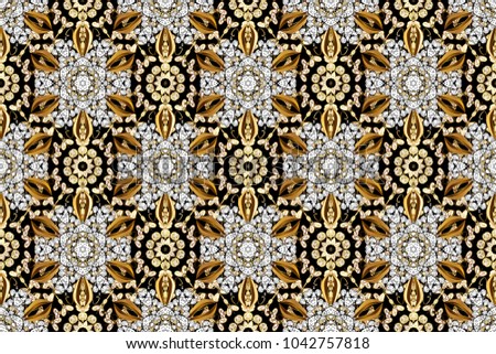 Christmas, snowflake, new year. Seamless vintage pattern on black, white and brown colors with golden elements and with white doodles.