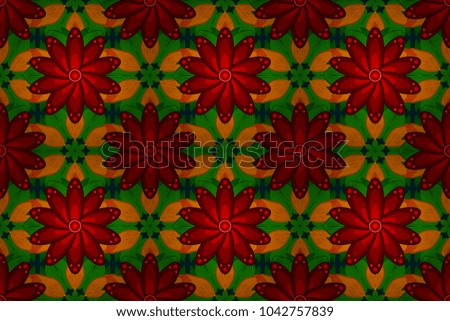 Pattern with spring flowers with branch, on red, green and orange colors with flower silhouette. Raster pattern.