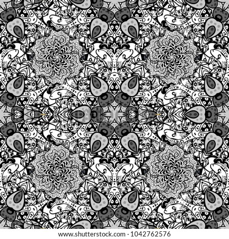 Floral ornament seamless pattern. Black, white and gray round texture in Vector illustration.