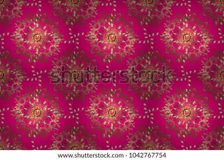 Raster golden seamless pattern. Golden elements in oriental style arabesques. Seamless pattern on magenta, brown and neutral colors. Seamless golden textured curls.