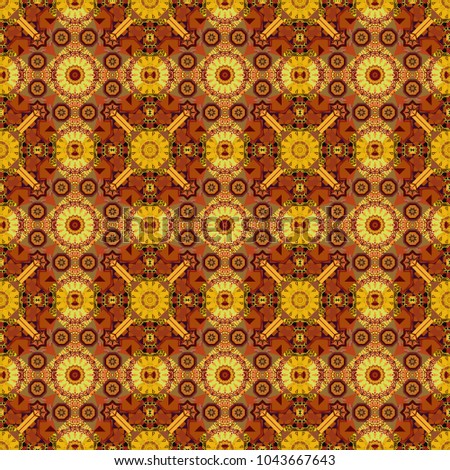 Colorful flower seamless pattern. Round ornament decoration. Stylized floral motif in brown, orange and yellow colors. Mandala vector element.