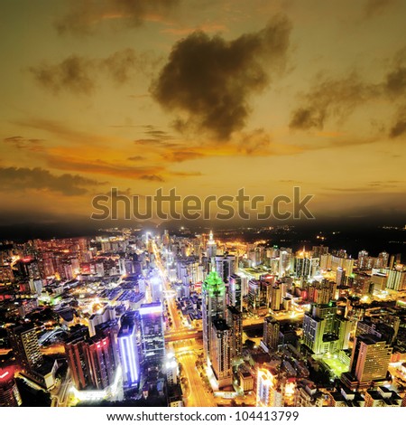 Aerial view of  chinese city at sunset