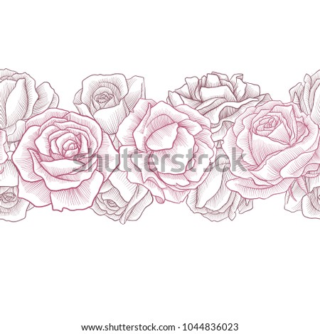 vintage vector seamless pattern with flowers, floral garland, imitation of engraving, hand drawn background