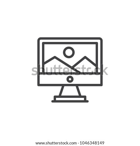 Mountain landscape on computer monitor screen outline icon. linear style sign for mobile concept and web design. Computer art simple line vector icon. Symbol, logo illustration